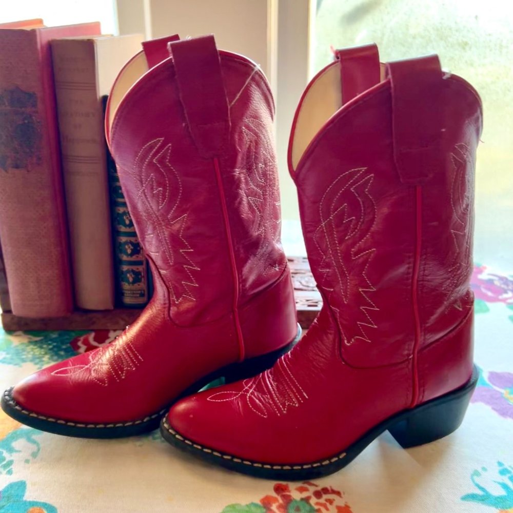 Old West Kids 8110 Red Leather Cowboy Boots with Tan Stitching Size 100 3T